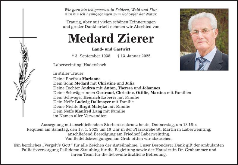 Traueranzeige Medard Zierer