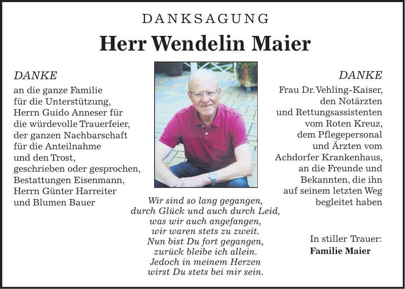 Traueranzeige Wendelin Maier