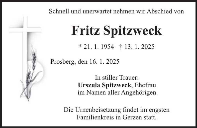 Traueranzeige Fritz Spitzweck