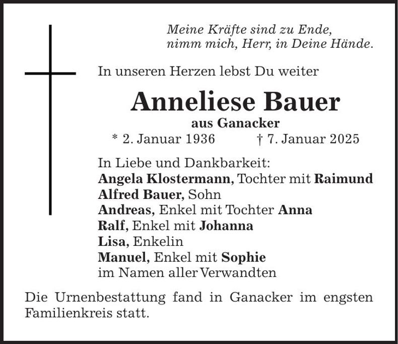 Traueranzeige Anneliese Bauer
