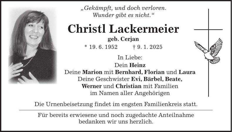 Traueranzeige Christl Lackermeier