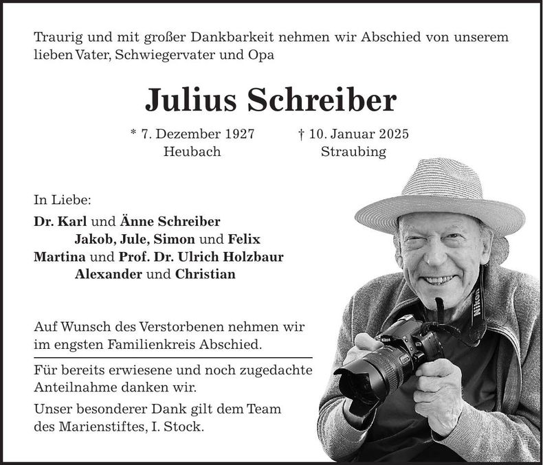 Traueranzeige Julius Schreiber