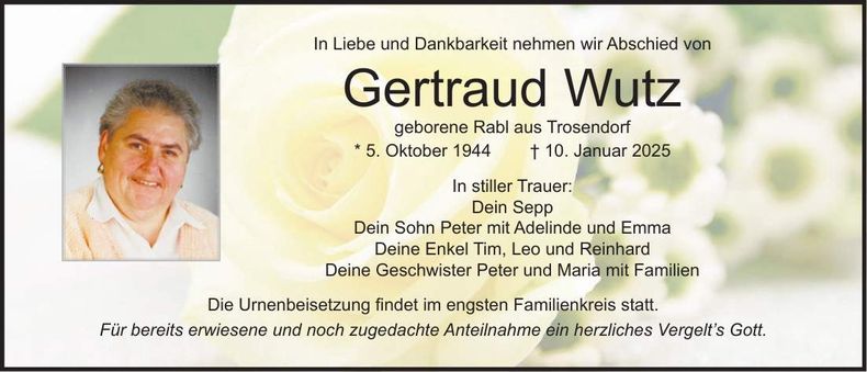 Traueranzeige Gertraud Wutz