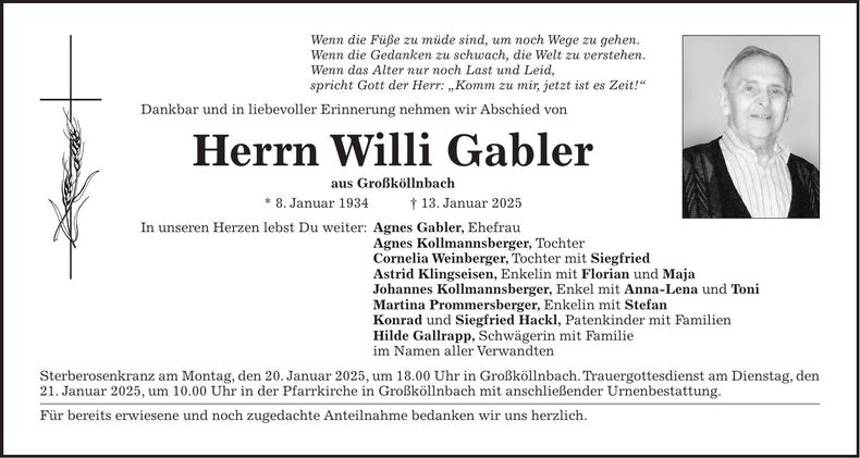 Traueranzeige Willi Gabler
