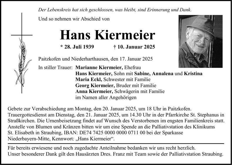 Traueranzeige Hans Kiermeier