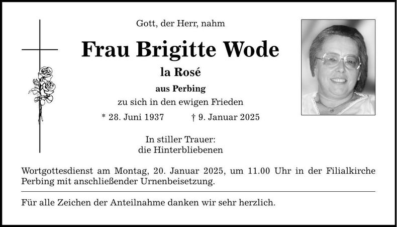 Traueranzeige Brigitte Wode - la Rosé