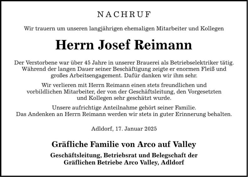 Traueranzeige Josef Reimann