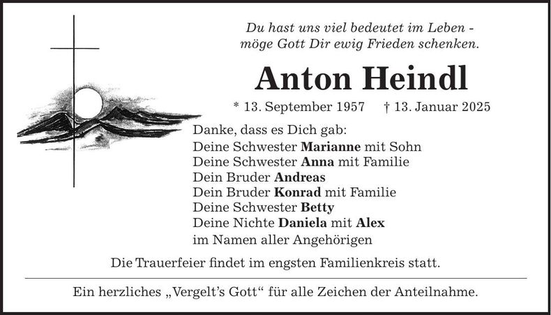 Traueranzeige Anton Heindl