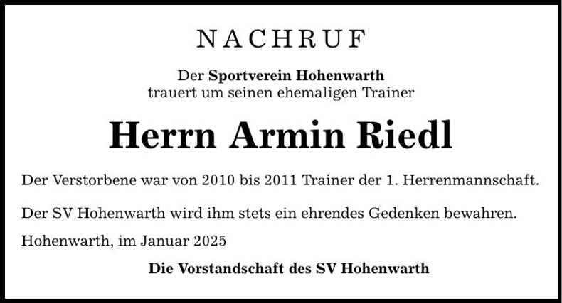 Traueranzeige Armin Riedl