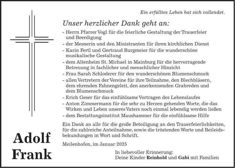 Traueranzeige Adolf Frank
