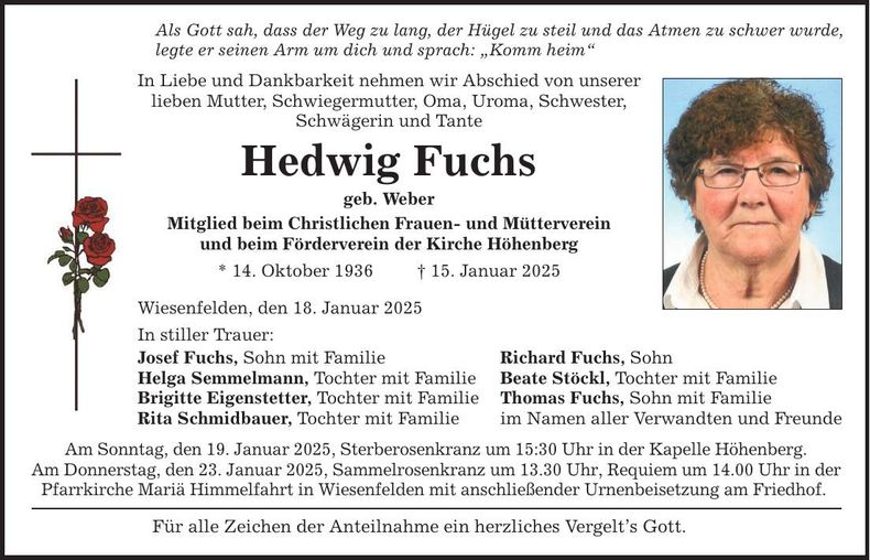 Traueranzeige Hedwig Fuchs