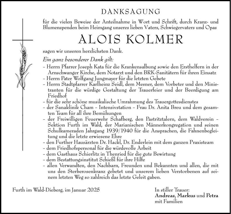 Traueranzeige Alois Kolmer