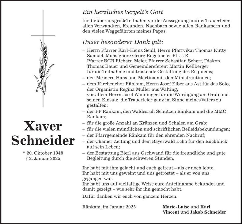 Traueranzeige Xaver Schneider