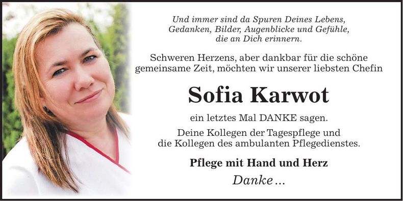 Traueranzeige Sofia Karwot