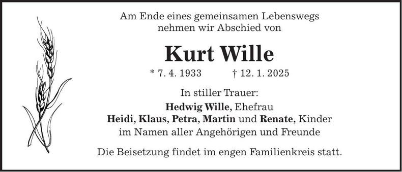 Traueranzeige Kurt Wille