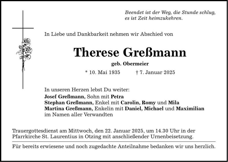 Traueranzeige Therese Greßmann