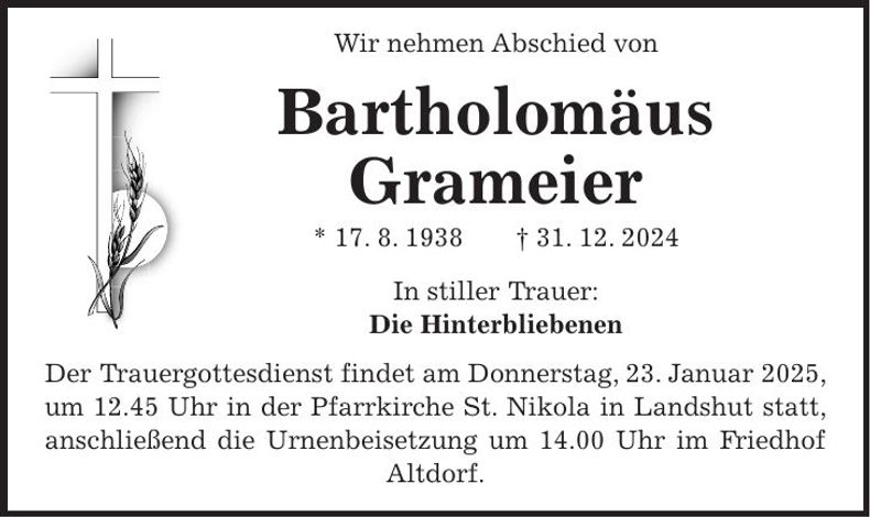 Traueranzeige Bartholomäus Grameier