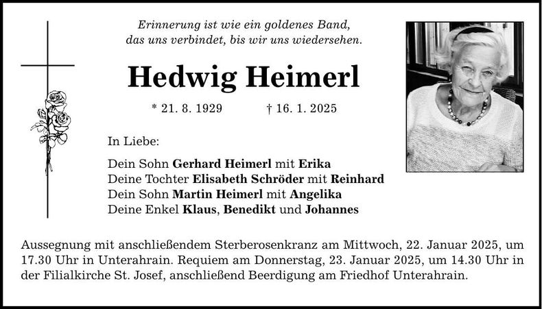 Traueranzeige Hedwig Heimerl