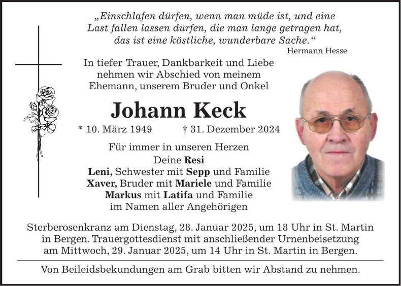 Traueranzeige Johann Keck