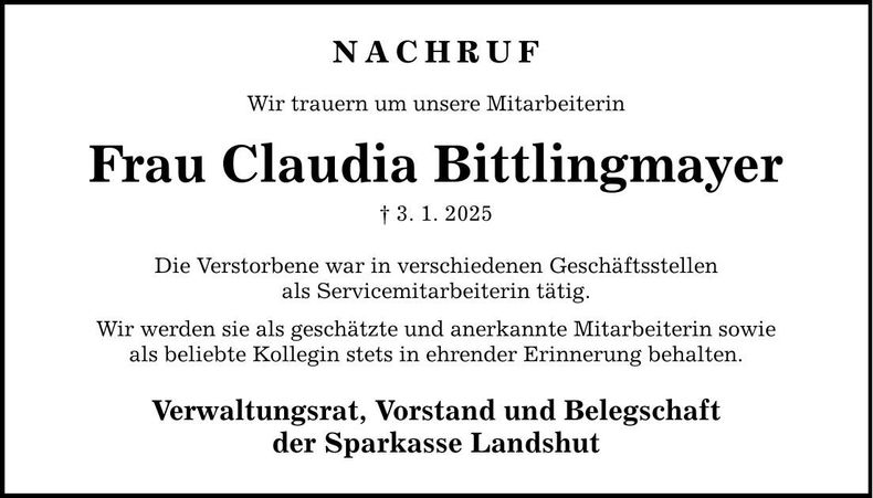 Traueranzeige Claudia Bittlingmayer