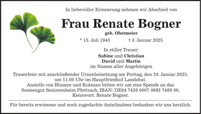 Traueranzeige Renate Bogner