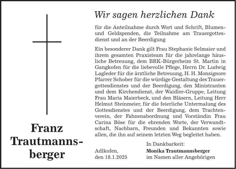 Traueranzeige Franz Trautmannsberger