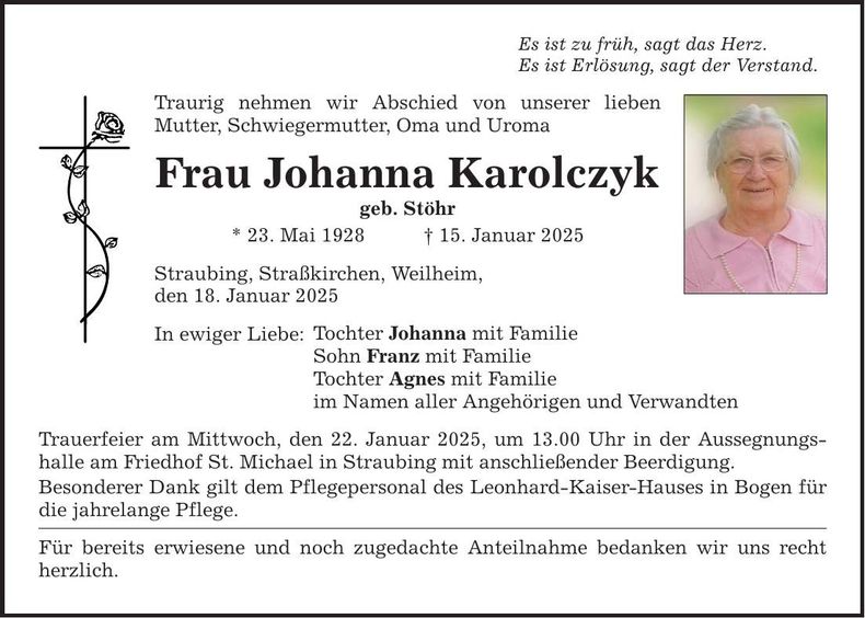 Traueranzeige Johanna Karolczyk