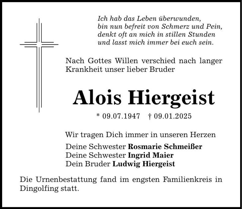 Traueranzeige Alois Hiergeist