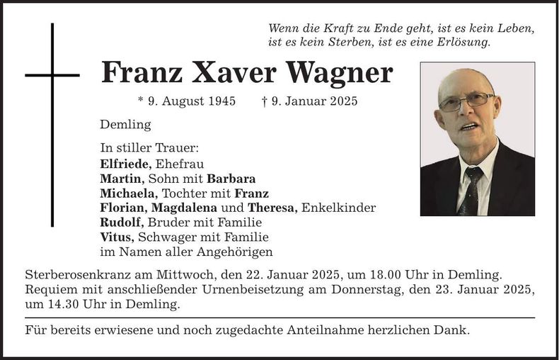 Traueranzeige Franz Xaver Wagner