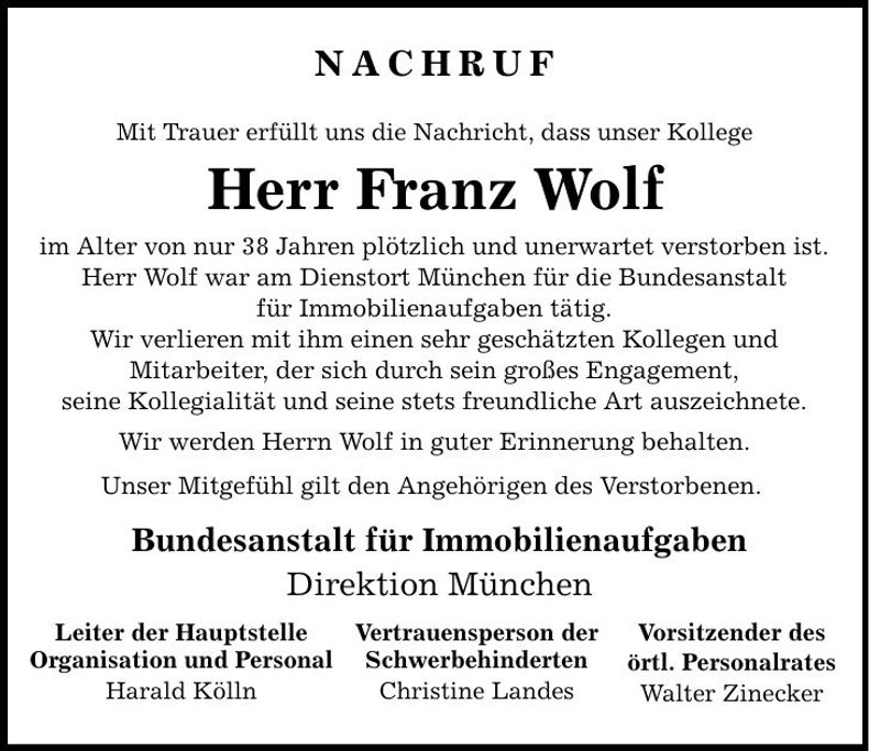 Traueranzeige Franz Wolf