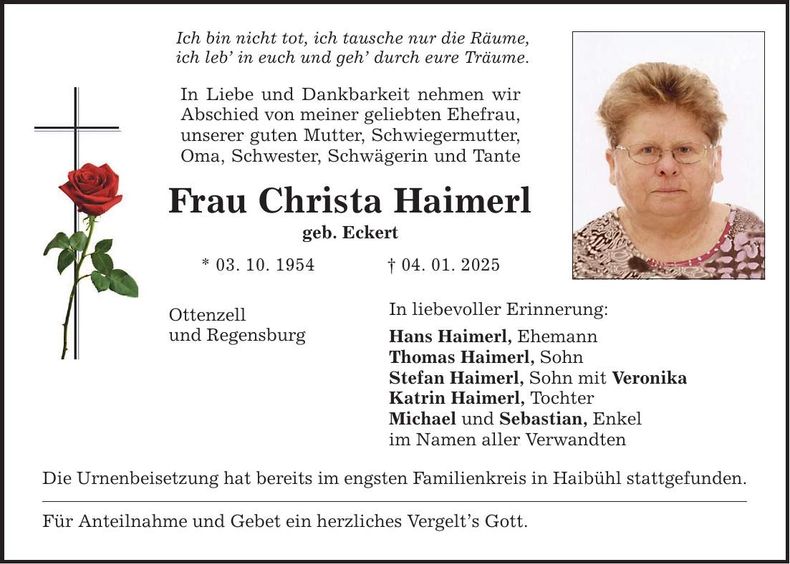 Traueranzeige Christa Haimerl