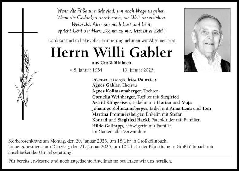 Traueranzeige Willi Gabler