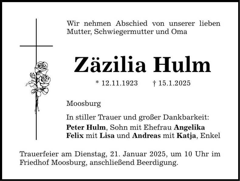 Traueranzeige Zäzilia Hulm