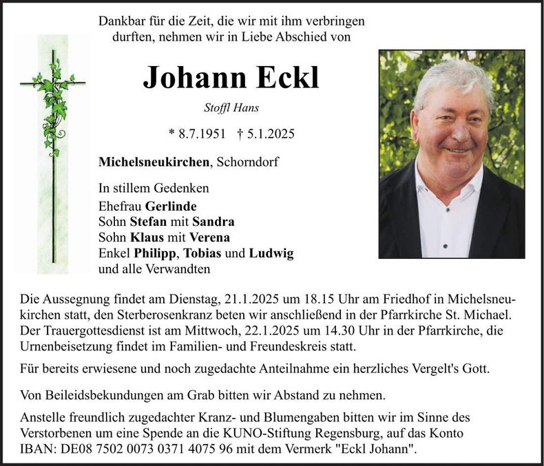 Traueranzeige Johann Eckl