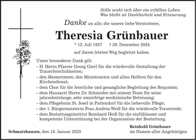 Traueranzeige Theresia Grünbauer