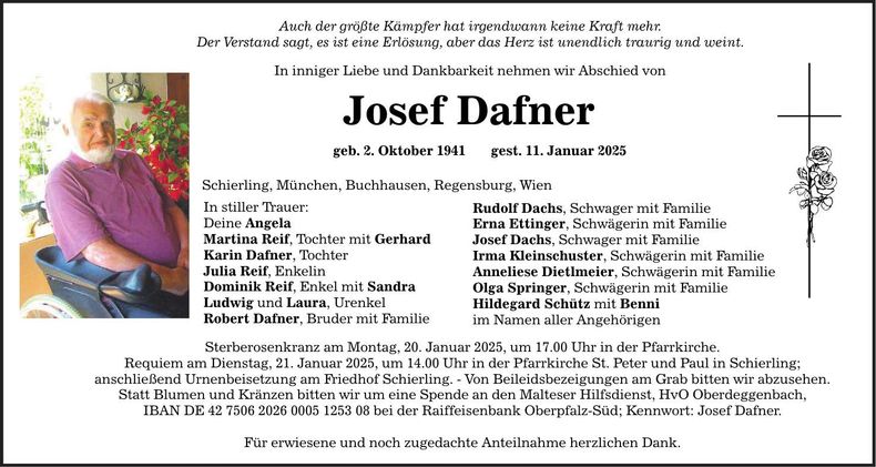 Traueranzeige Josef Dafner