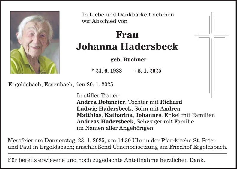 Traueranzeige Johanna Hadersbeck