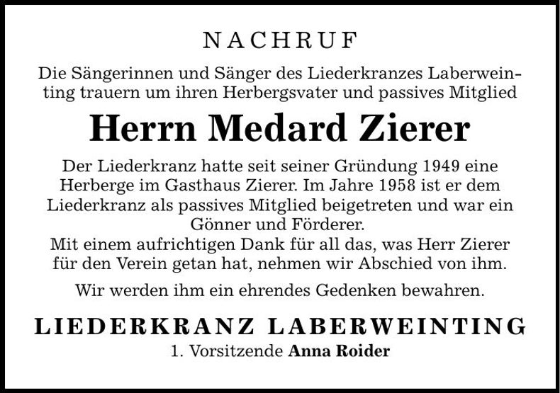 Traueranzeige Medard Zierer