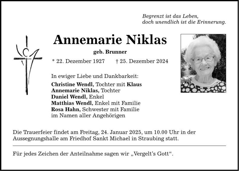 Traueranzeige Annemarie Niklas