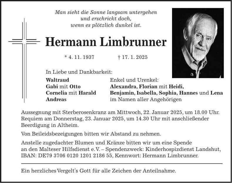Traueranzeige Hermann Limbrunner
