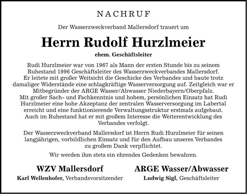 Traueranzeige Rudolf Hurzlmeier