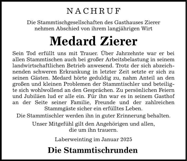 Traueranzeige Medard Zierer