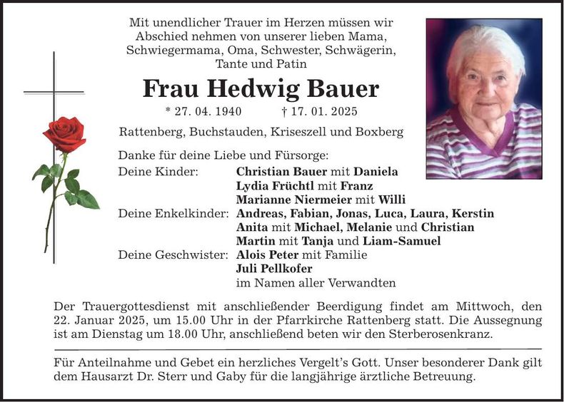 Traueranzeige Hedwig Bauer