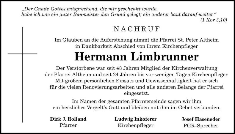 Traueranzeige Hermann Limbrunner