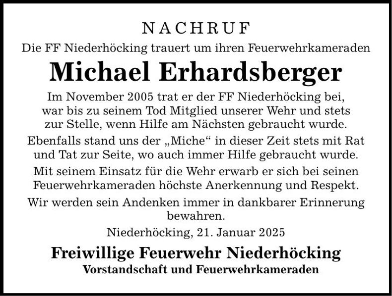 Traueranzeige Michael Erhardsberger