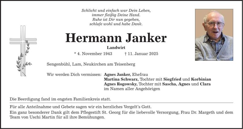 Traueranzeige Hermann Janker