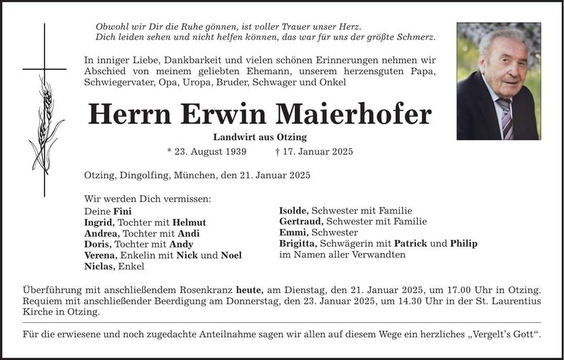 Traueranzeige Maierhofer Erwin