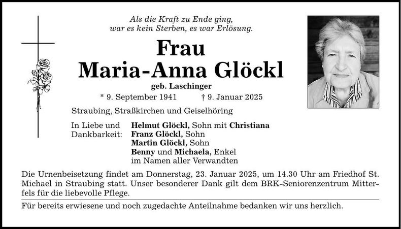 Traueranzeige Maria-Anna Glöckl