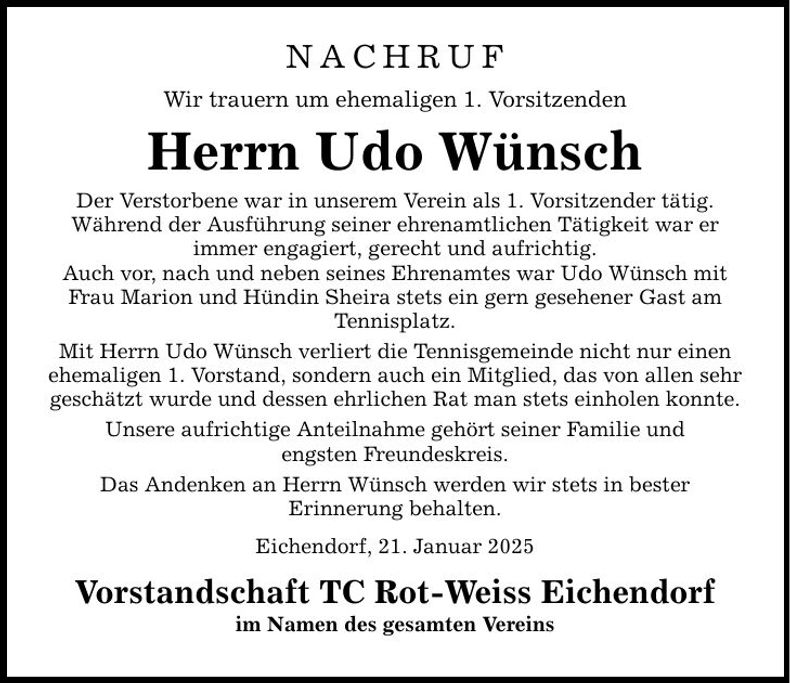 Traueranzeige Udo Wünsch