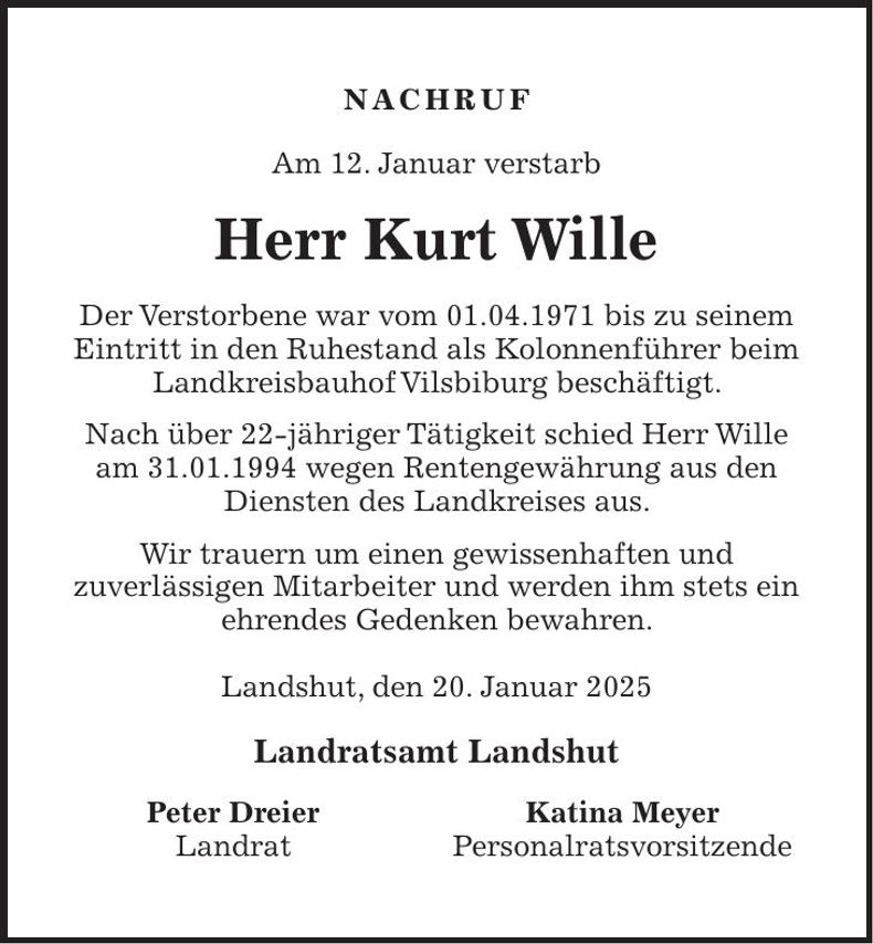 Traueranzeige Wille Kurt